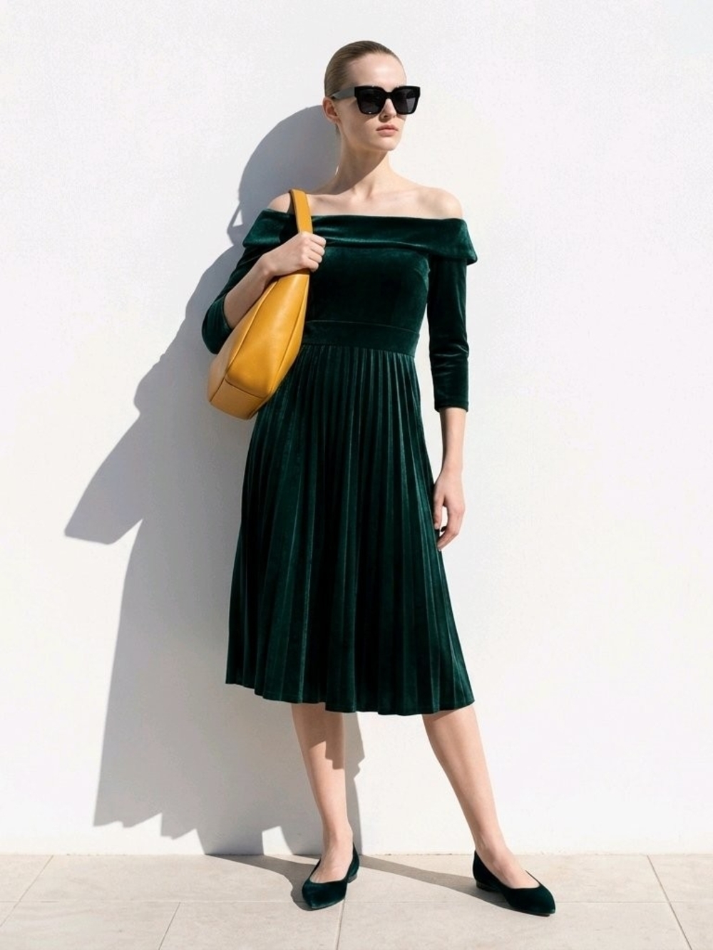 ASOS Off-Shoulder Velveteen Knit Midi Dress in Emerald Green